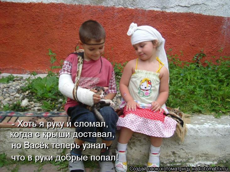 - Хоть я руку и сломал, когда с крыши доставал, но Васёк теперь узнал, что в руки добрые попал!... Котоматрица: - Хоть я руку и сломал, когда с крыши доставал, но Васёк теперь узнал, что в руки добрые попал!