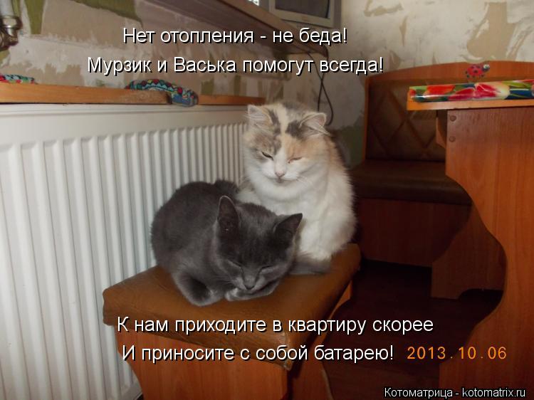 К нам приходите в квартиру скорее И приносите с собой батарею! Нет отопления - не беда! Мурзик и Вась... Котоматрица: К нам приходите в квартиру скорее И приносите с собой батарею! Нет отопления - не беда! Мурзик и Васька помогут всегда!