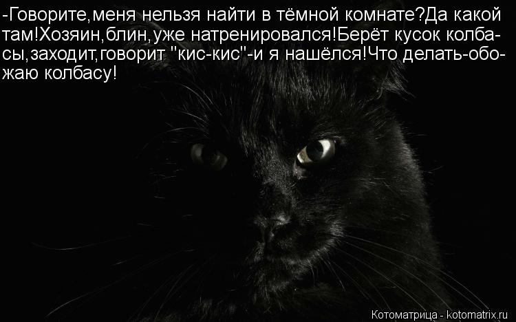 -Говорите,меня нельзя найти в тёмной комнате?Да какой там!Хозяин,блин,уже натренировался!Берёт кусок ... Котоматрица: -Говорите,меня нельзя найти в тёмной комнате?Да какой там!Хозяин,блин,уже натренировался!Берёт кусок колба- сы,заходит,говорит "кис-кис"-и я