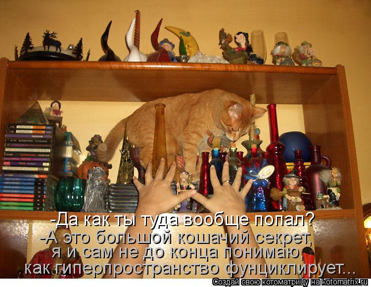 -Да как ты туда вообще попал? -А это большой кошачий секрет, я и сам не до конца понимаю, как гипер... Котоматрица: -Да как ты туда вообще попал? -А это большой кошачий секрет, я и сам не до конца понимаю, как гиперпространство фунциклирует...