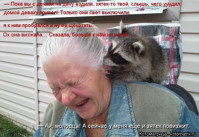 — Пока вы с дочкой на дачу ездили, зятек-то твой, слышь, чего учудил: домой деваху привел! Только они... Котоматрица: — Пока вы с дочкой на дачу ездили, зятек-то твой, слышь, чего учудил: домой деваху привел! Только они свет выключили, я к ним пробрался и ну ее