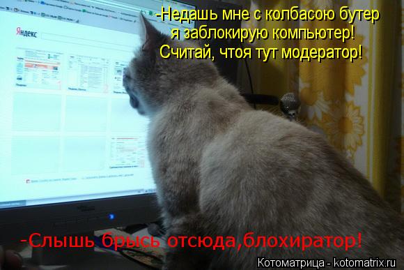 -Недашь мне с колбасою бутер я заблокирую компьютер! Считай, чтоя тут модератор! Считай, чтоя тут мо... Котоматрица: -Недашь мне с колбасою бутер я заблокирую компьютер! Считай, чтоя тут модератор! Считай, чтоя тут модератор! -Слышь брысь отсюда,блохиратор!