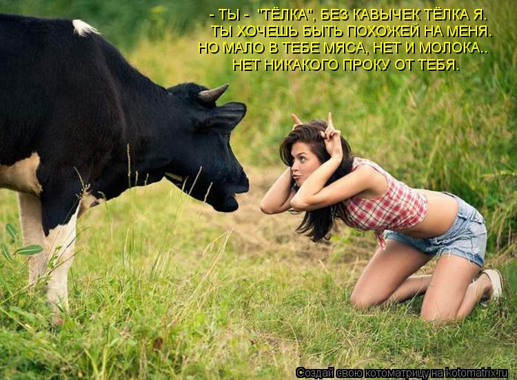 - ТЫ - "ТЁЛКА", БЕЗ КАВЫЧЕК ТЁЛКА Я. ТЫ ХОЧЕШЬ БЫТЬ ПОХОЖЕЙ НА МЕНЯ. НО МАЛО В ТЕБЕ МЯСА, НЕТ И МОЛО... Котоматрица: - ТЫ - "ТЁЛКА", БЕЗ КАВЫЧЕК ТЁЛКА Я. ТЫ ХОЧЕШЬ БЫТЬ ПОХОЖЕЙ НА МЕНЯ. НО МАЛО В ТЕБЕ МЯСА, НЕТ И МОЛОКА.. НЕТ НИКАКОГО ПРОКУ ОТ ТЕБЯ.