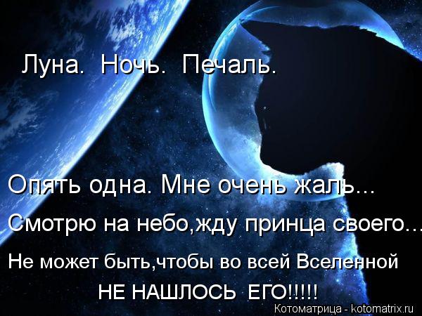 Луна. Ночь. Печаль. Опять одна. Мне очень жаль... Смотрю на небо,жду принца своего... Не может быть... Котоматрица: Луна. Ночь. Печаль. Опять одна. Мне очень жаль... Смотрю на небо,жду принца своего... Не может быть,чтобы во всей Вселенной НЕ НАШЛОСЬ ЕГО!!!!!