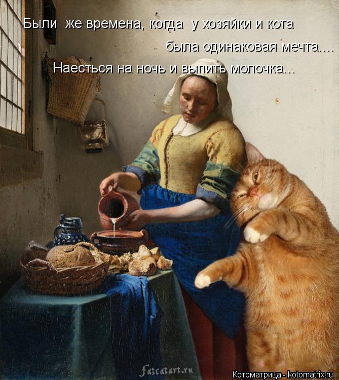 Котоматрица: Были  же времена, когда  у хозяйки и кота была одинаковая мечта.... Наесться на ночь и выпить молочка...