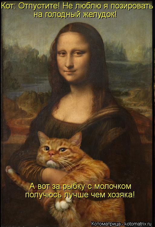 Кот: Отпустите! Не люблю я позировать на голодный желудок! А вот за рыбку с молочком получюсь лучше ч... Котоматрица: Кот: Отпустите! Не люблю я позировать на голодный желудок! А вот за рыбку с молочком получюсь лучше чем хозяка!