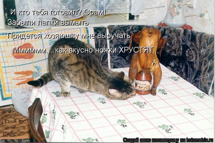 И кто тебя готовил? Срам! Забыли лапки вымыть Придется хозяюшку мне выручать Мммммм....как вкусно нож... Котоматрица: И кто тебя готовил? Срам! Забыли лапки вымыть Придется хозяюшку мне выручать Мммммм....как вкусно ножки ХРУСТЯТ,,,