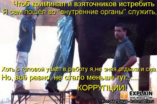 Хоть с головой ушёл в работу я,не зная отдыха и сна, Но, всё равно, не стало меньше тут...... КОРРУПЦ... Котоматрица: Хоть с головой ушёл в работу я,не зная отдыха и сна, Но, всё равно, не стало меньше тут...... КОРРУПЦИИ! Чтоб криминал и взяточников истребить Я