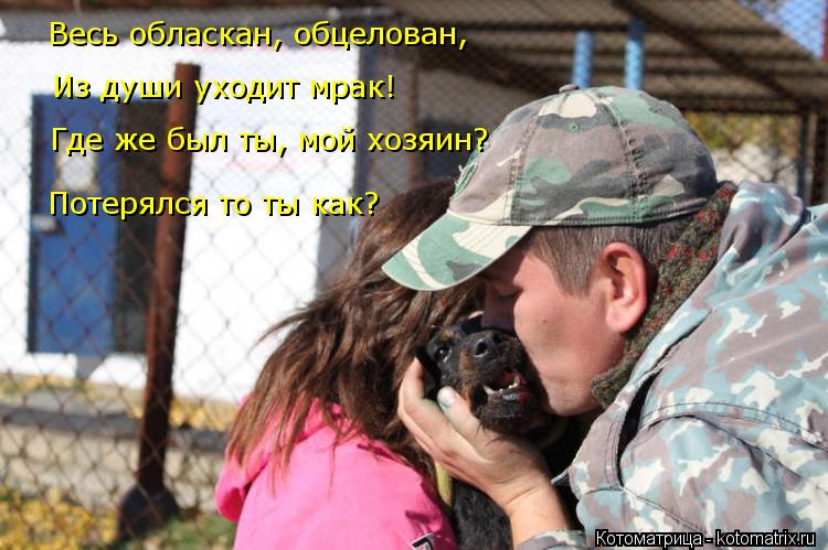 Весь обласкан, обцелован, Из души уходит мрак! Где же был ты, мой хозяин? Потерялся то ты как?... Котоматрица: Весь обласкан, обцелован, Из души уходит мрак! Где же был ты, мой хозяин? Потерялся то ты как?