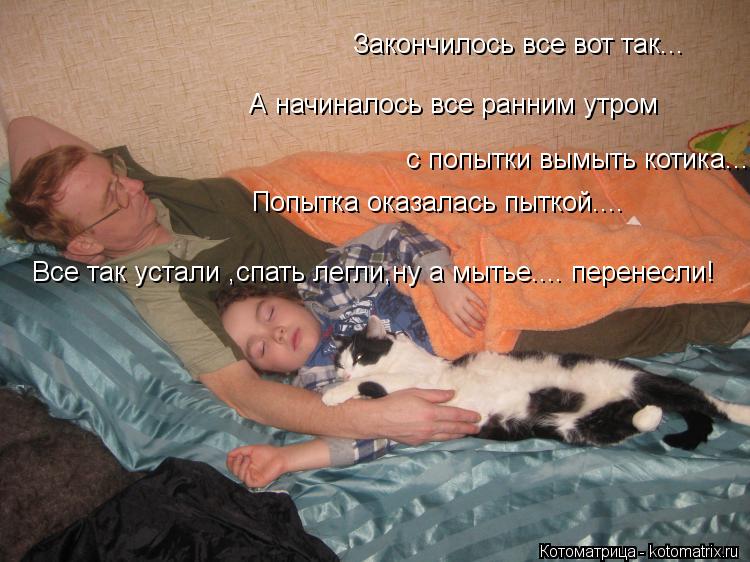 Закончилось все вот так... А начиналось все ранним утром с попытки вымыть котика... Попытка оказалась... Котоматрица: Закончилось все вот так... А начиналось все ранним утром с попытки вымыть котика... Попытка оказалась пыткой.... Все так устали ,спать легли,ну