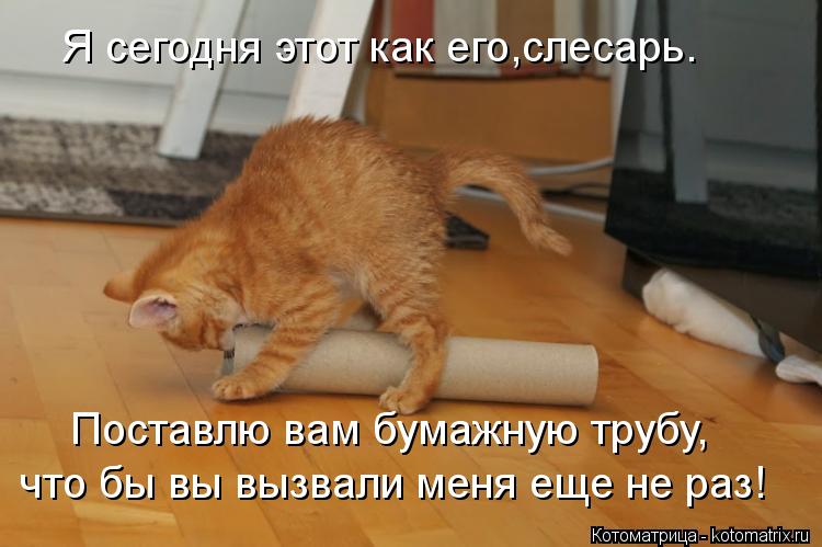 Я сегодня этот как его,слесарь. Поставлю вам бумажную трубу, что бы вы вызвали меня еще не раз!... Котоматрица: Я сегодня этот как его,слесарь. Поставлю вам бумажную трубу, что бы вы вызвали меня еще не раз!