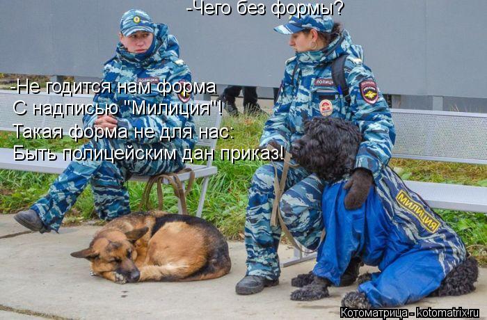 -Чего без формы? -Не годится нам форма С надписью "Милиция"! Такая форма не для нас: Быть полицейским... Котоматрица: -Чего без формы? -Не годится нам форма С надписью "Милиция"! Такая форма не для нас: Быть полицейским дан приказ!