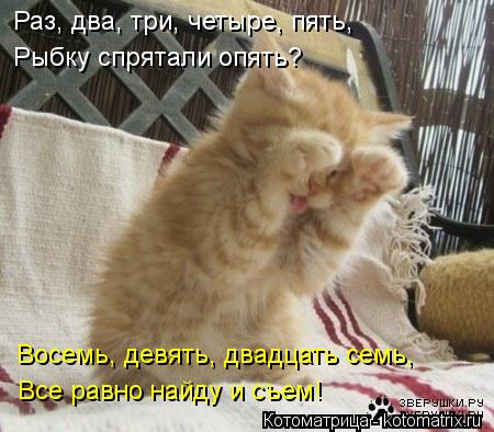Раз, два, три, четыре, пять, Рыбку спрятали опять? Восемь, девять, двадцать семь, Все равно найду и с... Котоматрица: Раз, два, три, четыре, пять, Рыбку спрятали опять? Восемь, девять, двадцать семь, Все равно найду и съем!
