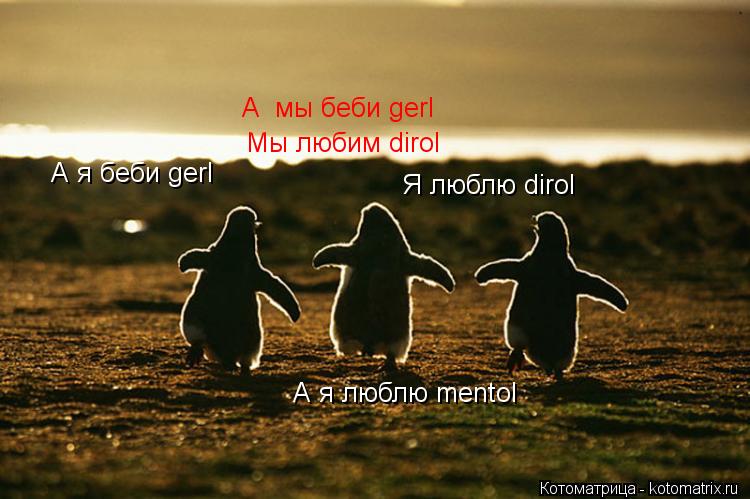 А я беби gerl Я люблю dirol А я люблю mentol A мы беби gerl Мы любим dirol... Котоматрица: А я беби gerl Я люблю dirol А я люблю mentol A мы беби gerl Мы любим dirol