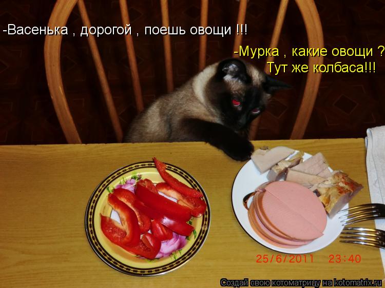 -Васенька , дорогой , поешь овощи !!! -Мурка , какие овощи ? Тут же колбаса!!!... Котоматрица: -Васенька , дорогой , поешь овощи !!! -Мурка , какие овощи ? Тут же колбаса!!!