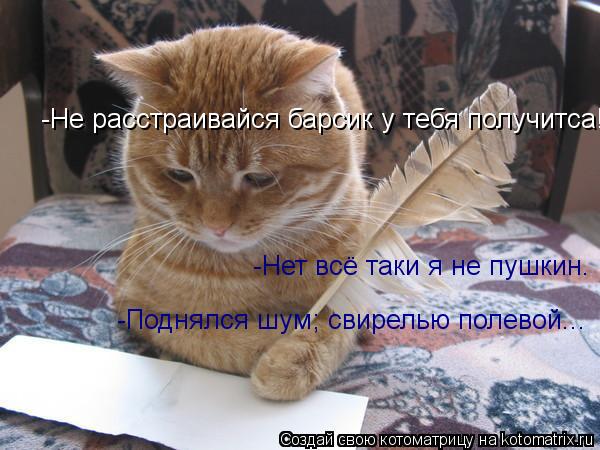 -Нет всё таки я не пушкин. -Не расстраивайся барсик у тебя получитса! -Поднялся шум; свирелью полевой... Котоматрица: -Нет всё таки я не пушкин. -Не расстраивайся барсик у тебя получитса! -Поднялся шум; свирелью полевой...