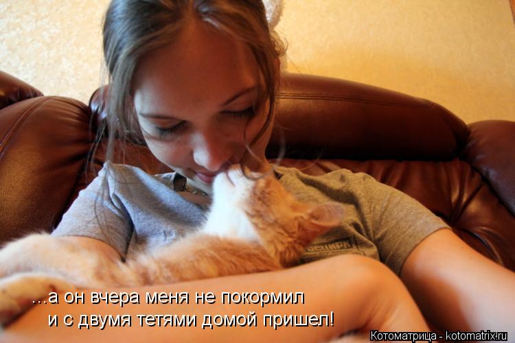 ...а он вчера меня не покормил и с двумя тетями домой пришел!... Котоматрица: ...а он вчера меня не покормил и с двумя тетями домой пришел!