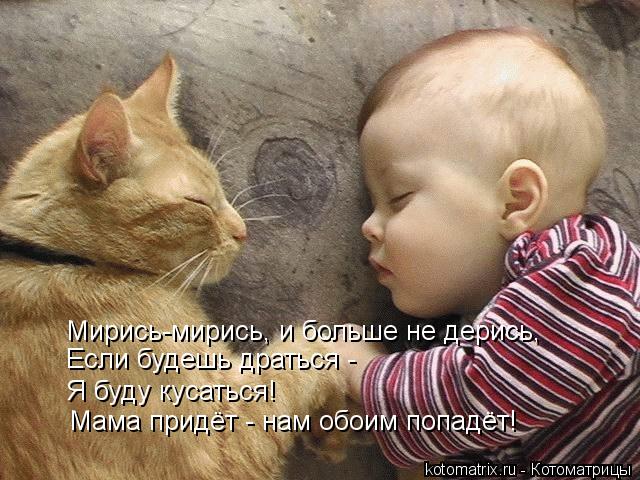 Мирись-мирись, и больше не дерись, Если будешь драться - Я буду кусаться! Мама придёт - нам обоим поп... Котоматрица: Мирись-мирись, и больше не дерись, Если будешь драться - Я буду кусаться! Мама придёт - нам обоим попадёт!