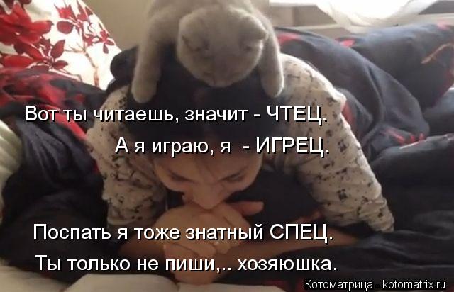 Котоматрица: Вот ты читаешь, значит - ЧТЕЦ. Поспать я тоже знатный СПЕЦ. Ты только не пиши,.. хозяюшка. А я играю, я  - ИГРЕЦ.