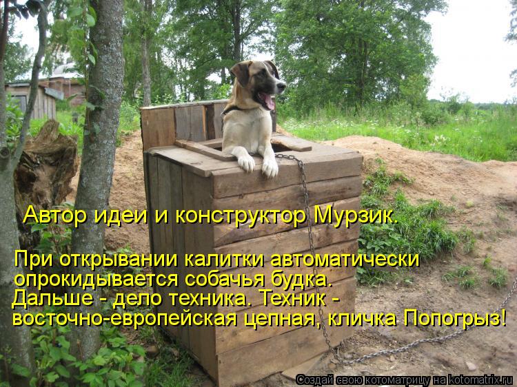 При открывании калитки автоматически опрокидывается собачья будка. Дальше - дело техника. Техник - во... Котоматрица: При открывании калитки автоматически опрокидывается собачья будка. Дальше - дело техника. Техник - восточно-европейская цепная, кличка Поп