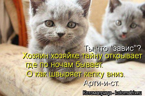 Ты что "завис"? Хозяин хозяйке тайну открывает где по ночам бывает. О как швыряет кепку вниз. Арти-и-... Котоматрица: Ты что "завис"? Хозяин хозяйке тайну открывает где по ночам бывает. О как швыряет кепку вниз. Арти-и-ст.