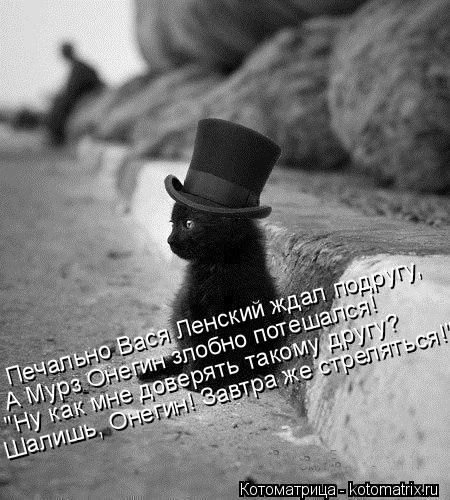 Печально Вася Ленский ждал подругу, А Мурз Онегин злобно потешался! "Ну как мне доверять такому другу... Котоматрица: Печально Вася Ленский ждал подругу, А Мурз Онегин злобно потешался! "Ну как мне доверять такому другу? Шалишь, Онегин! Завтра же стреляться!"
