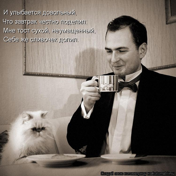 И улыбается довольный, Что завтрак честно поделил: Мне тост сухой, неумащенный, Себе же сливочек дол... Котоматрица: И улыбается довольный, Что завтрак честно поделил: Мне тост сухой, неумащенный, Себе же сливочек долил.