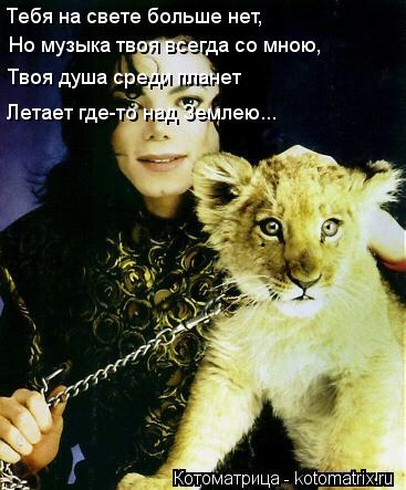 Тебя на свете больше нет, Тебя на свете больше нет, Но музыка твоя всегда со мною, Твоя душа среди пл... Котоматрица: Тебя на свете больше нет, Тебя на свете больше нет, Но музыка твоя всегда со мною, Твоя душа среди планет Летает где-то над Землею...