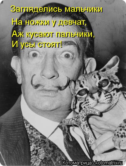Загляделись мальчики На ножки у девчат, Аж кусают пальчики, И усы стоят!... Котоматрица: Загляделись мальчики На ножки у девчат, Аж кусают пальчики, И усы стоят!