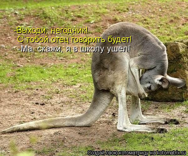 -Выходи, негодник! С тобой отец говорить будет! -Ма, скажи, я в школу ушёл!... Котоматрица: -Выходи, негодник! С тобой отец говорить будет! -Ма, скажи, я в школу ушёл!
