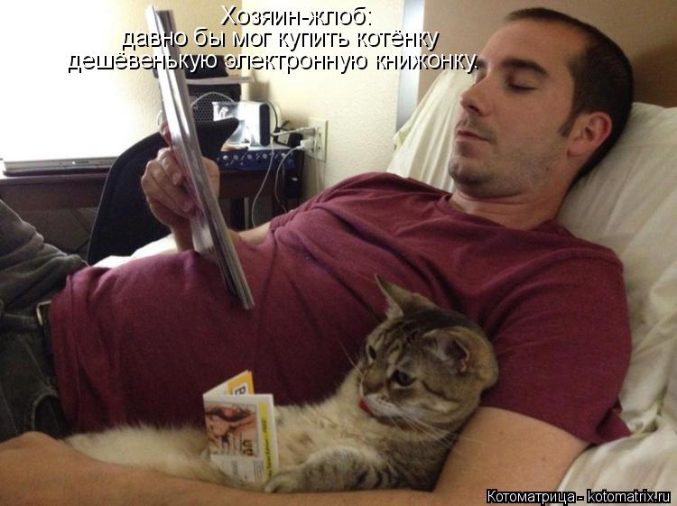 Котоматрица: Хозяин-жлоб: давно бы мог купить котёнку дешёвенькую электронную книжонку.