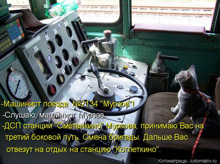 -Машинист поезда №2134 "Мурзов"! -Слушаю, машинист Мурзов. -ДСП станции "Сметанкино" Муркова, приним... Котоматрица: -Машинист поезда №2134 "Мурзов"! -Слушаю, машинист Мурзов. -ДСП станции "Сметанкино" Муркова, принимаю Вас на третий боковой путь. Смена бригад