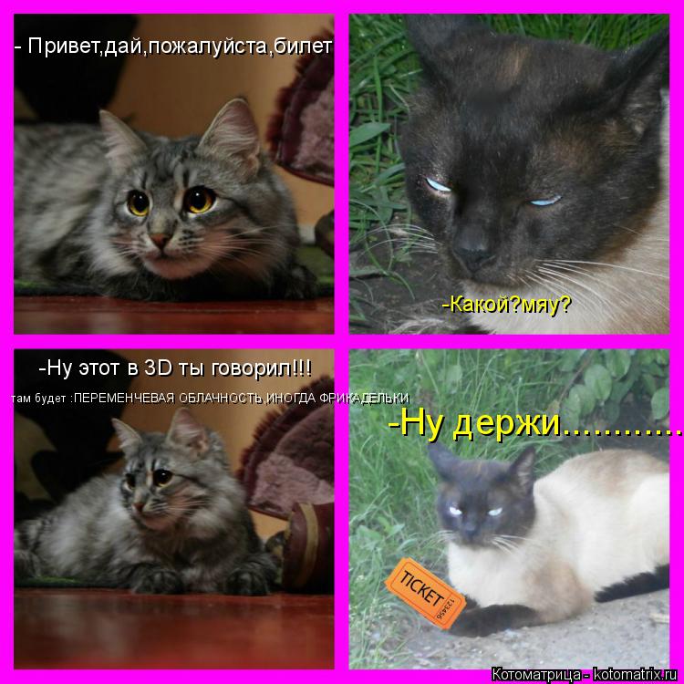-Какой?мяу? -Ну этот в 3D ты говорил!!! там будет :ПЕРЕМЕНЧЕВАЯ ОБЛАЧНОСТЬ,ИНОГДА ФРИКАДЕЛЬКИ -Ну дер... Котоматрица: -Какой?мяу? -Ну этот в 3D ты говорил!!! там будет :ПЕРЕМЕНЧЕВАЯ ОБЛАЧНОСТЬ,ИНОГДА ФРИКАДЕЛЬКИ -Ну держи........................ - Привет,дай,пожалуйста,бил