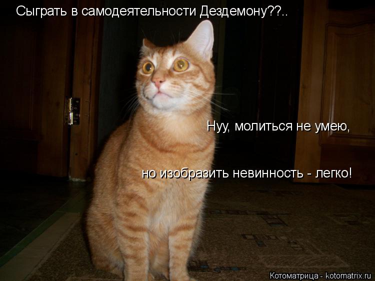 Котоматрица: Сыграть в самодеятельности Дездемону??.. Нуу, молиться не умею, но изобразить невинность - легко!