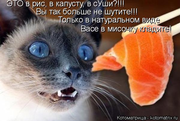 ЭТО в рис, в капусту, в сУши?!!! Вы так больше не шутите!!! Только в натуральном виде Васе в мисочку ... Котоматрица: ЭТО в рис, в капусту, в сУши?!!! Вы так больше не шутите!!! Только в натуральном виде Васе в мисочку кладите!