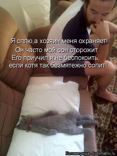 Котоматрица: Я сплю,а хозяин меня охраняет! Он часто мой сон сторожит. Его приучил я:не беспокоить, если котя так безмятежно сопит!