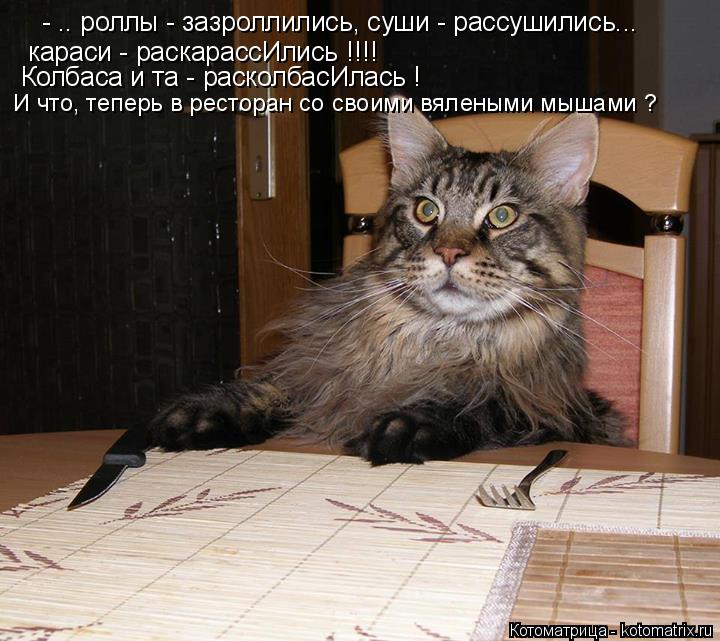 Котоматрица: - .. роллы - зазроллились, суши - рассушились... караси - раскарассИлись !!!! Колбаса и та - расколбасИлась ! И что, теперь в ресторан со своими вял
