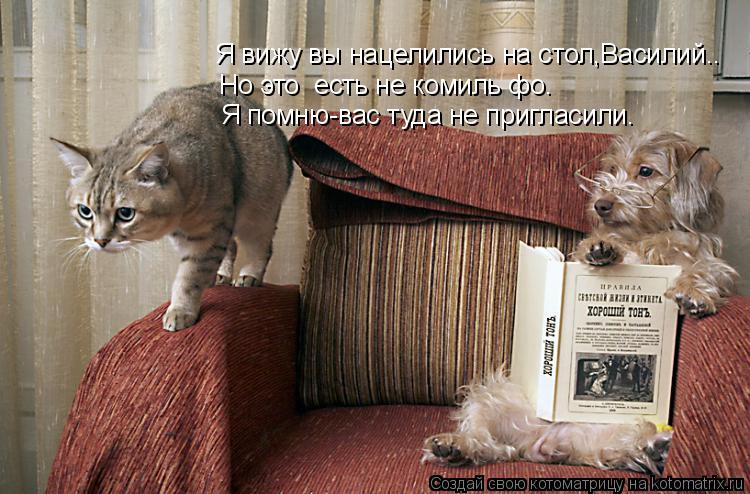 Котоматрица: Я вижу вы нацелились на стол,Василий.. Но это  есть не комиль фо. Я помню-вас туда не пригласили.