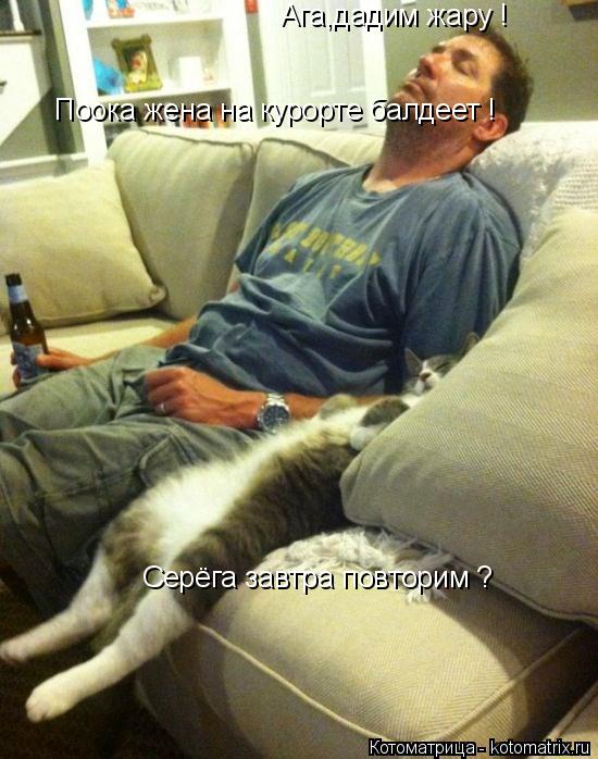 Котоматрица: Серёга завтра повторим ? Ага,дадим жару !  Поока жена на курорте балдеет !