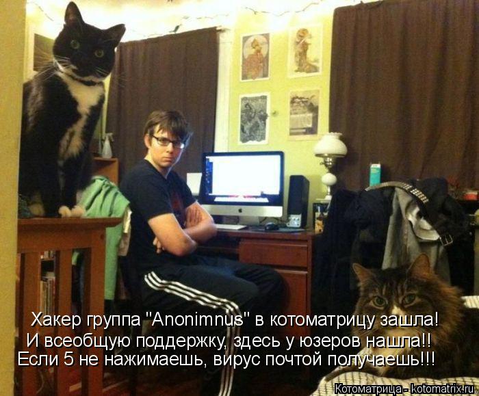 Хакер группа "Anonimnus" в котоматрицу зашла! И всеобщую поддержку, здесь у юзеров нашла!! Если 5 не... Котоматрица: Хакер группа "Anonimnus" в котоматрицу зашла! И всеобщую поддержку, здесь у юзеров нашла!! Если 5 не нажимаешь, вирус почтой получаешь!!!