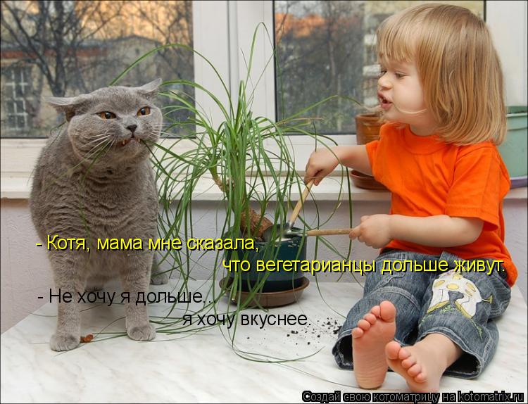 Котоматрица: - Котя, мама мне сказала, что вегетарианцы дольше живут. - Не хочу я дольше... я хочу вкуснее.