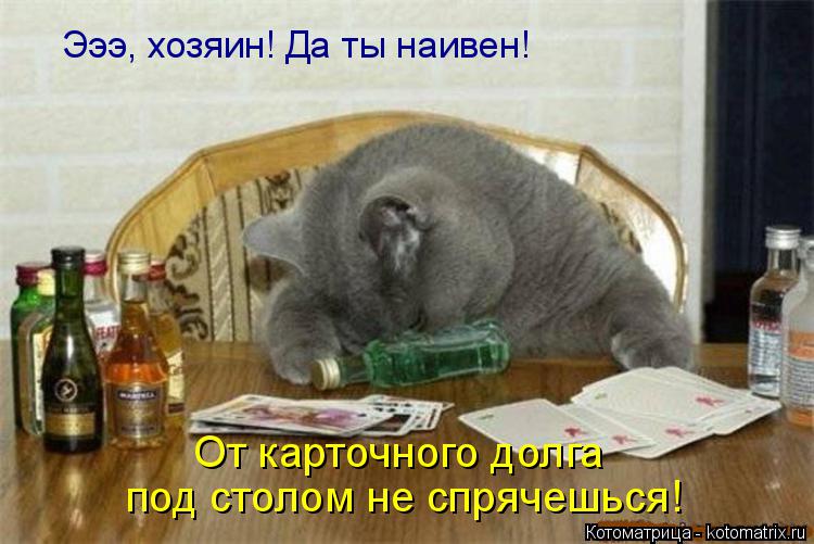 Эээ, хозяин! Да ты наивен! От карточного долга под столом не спрячешься!... Котоматрица: Эээ, хозяин! Да ты наивен! От карточного долга под столом не спрячешься!