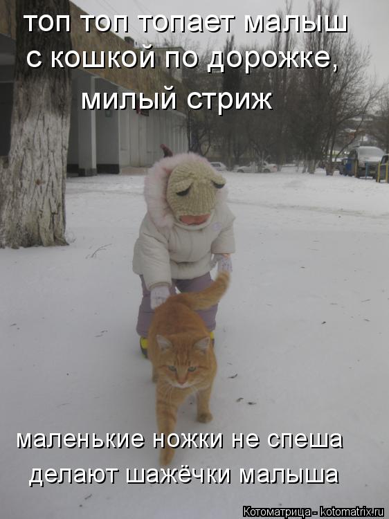 Котоматрица: топ топ топает малыш с кошкой по дорожке, милый стриж маленькие ножки не спеша делают шажёчки малыша