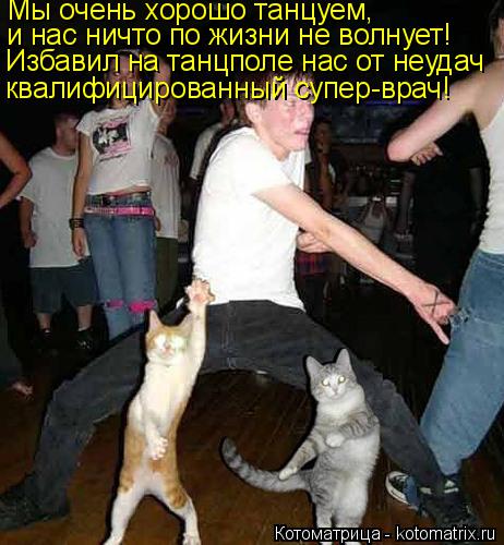 Котоматрица: Мы очень хорошо танцуем, и нас ничто по жизни не волнует! Избавил на танцполе нас от неудач квалифицированный супер-врач!