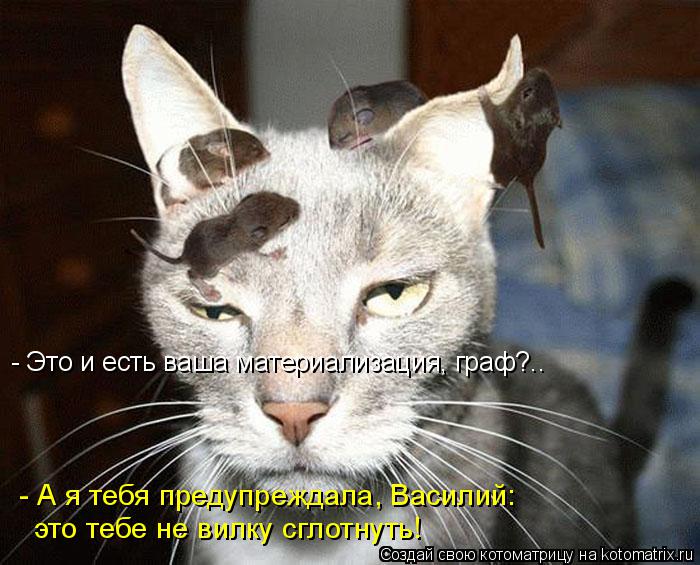 - А я тебя предупреждала, Василий: это тебе не вилку сглотнуть! - Это и есть ваша материализация, гра... Котоматрица: - А я тебя предупреждала, Василий: это тебе не вилку сглотнуть! - Это и есть ваша материализация, граф?..