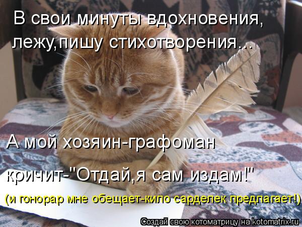 В свои минуты вдохновения, лежу,пишу стихотворения... А мой хозяин-графоман кричит-"Отдай,я сам издам... Котоматрица: В свои минуты вдохновения, лежу,пишу стихотворения... А мой хозяин-графоман кричит-"Отдай,я сам издам!" (и гонорар мне обещает-кило сарделек п