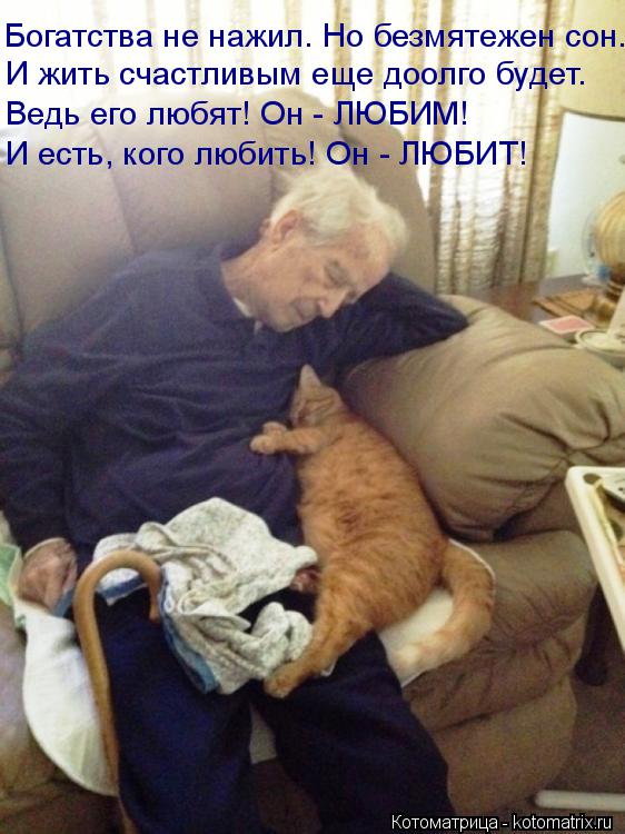 Котоматрица: Богатства не нажил. Но безмятежен сон. И жить счастливым еще доолго будет. Ведь его любят! Он - ЛЮБИМ! И есть, кого любить! Он - ЛЮБИТ!