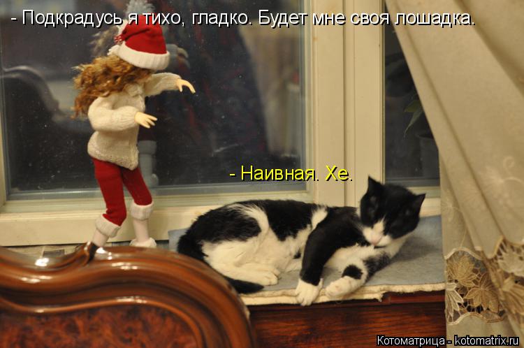 Котоматрица: - Подкрадусь я тихо, гладко. Будет мне своя лошадка. - Наивная. Хе.
