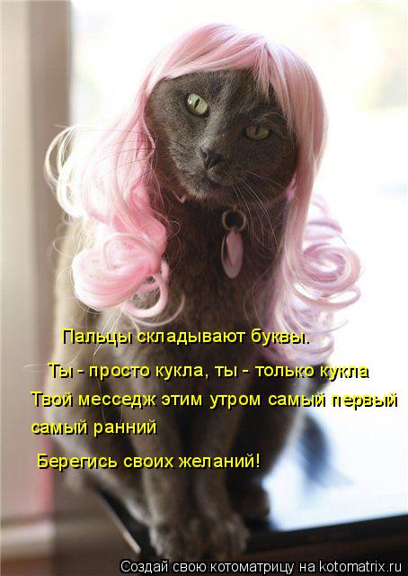 Пальцы складывают буквы. Ты - просто кукла, ты - только кукла Твой месседж этим утром самый первый с... Котоматрица: Пальцы складывают буквы. Ты - просто кукла, ты - только кукла Твой месседж этим утром самый первый самый ранний Берегись своих желаний!