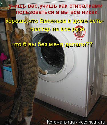 учишь вас,учишь,как стиралками пользоваться,а вы все никак. хорошо,что Васенька в доме есть- мастер ... Котоматрица: учишь вас,учишь,как стиралками пользоваться,а вы все никак. хорошо,что Васенька в доме есть- мастер на все руки. что б вы без меня делали??